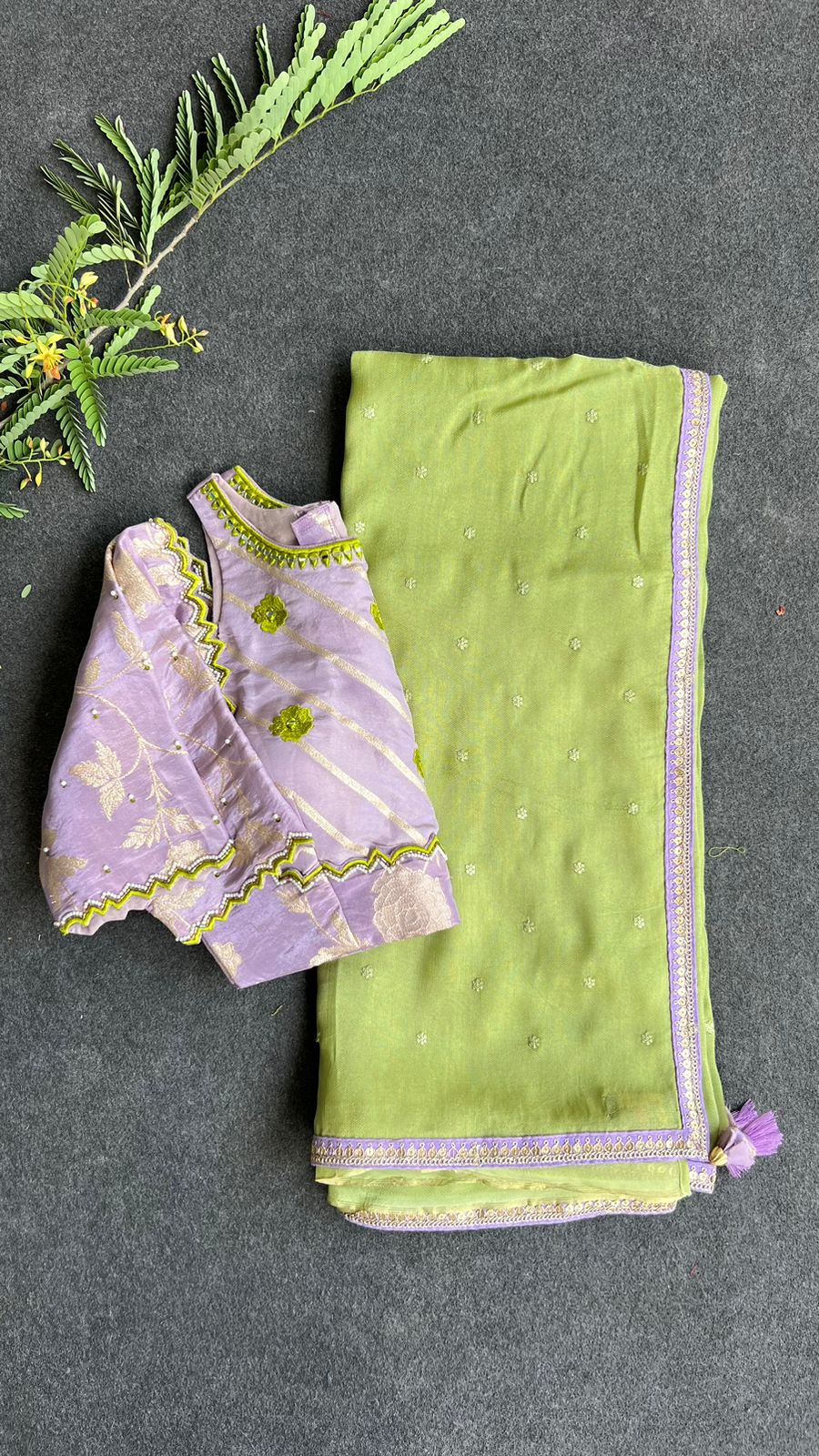 Green jute saree with lavender hand worked blouse