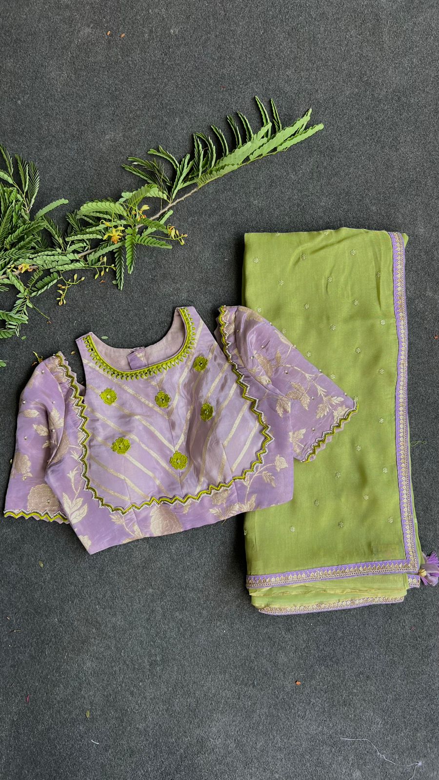 Green jute saree with lavender hand worked blouse