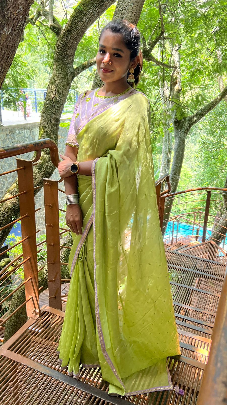 Green jute saree with lavender hand worked blouse