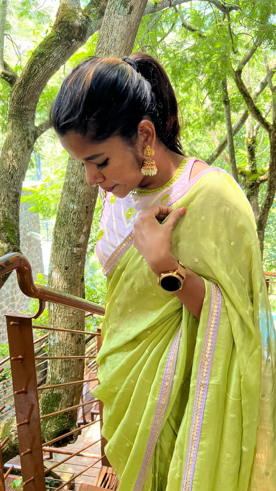 Green jute saree with lavender hand worked blouse