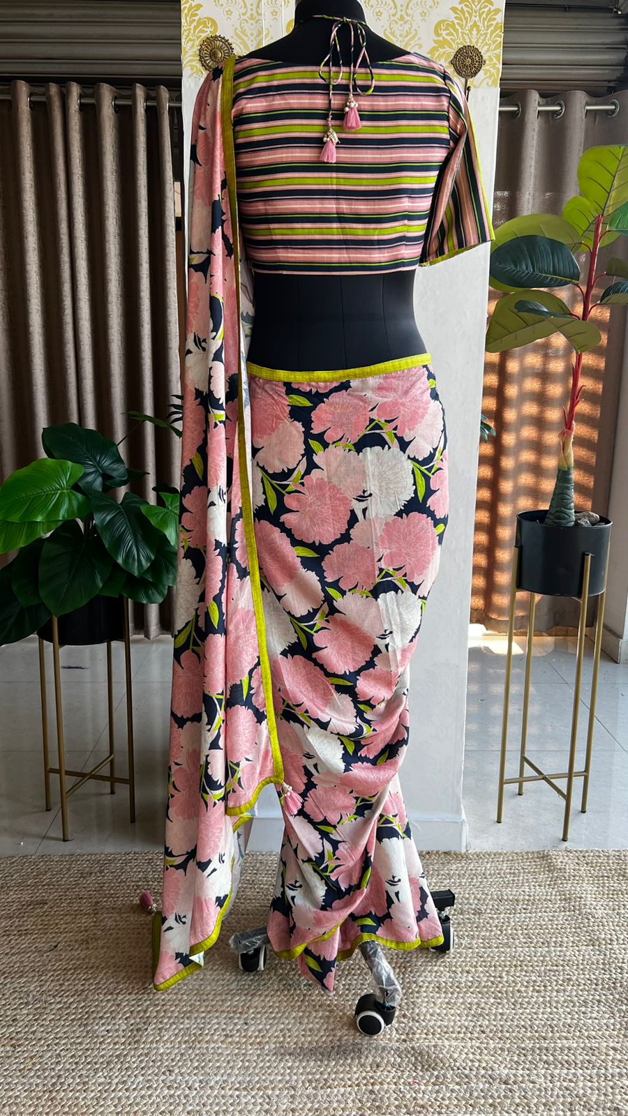 Midnight Pink Floral Lilan Ready To Wear Saree with Stripped Printed Blouse Summer Collection