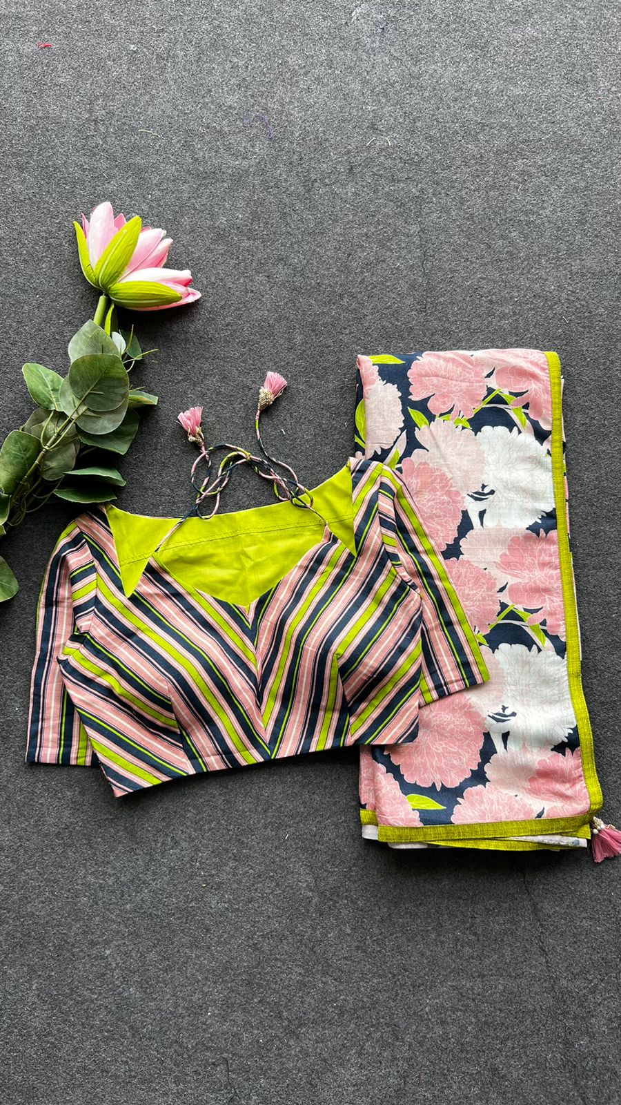 Midnight Pink Floral Lilan Ready To Wear Saree with Stripped Printed Blouse Summer Collection