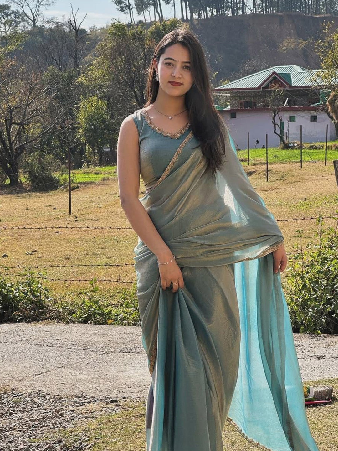 Tissue Embroidered Border Saree
