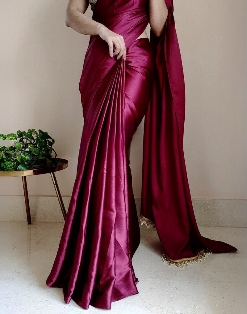 Wine Satin Silk Saree With Handmade Tassels On Pallu