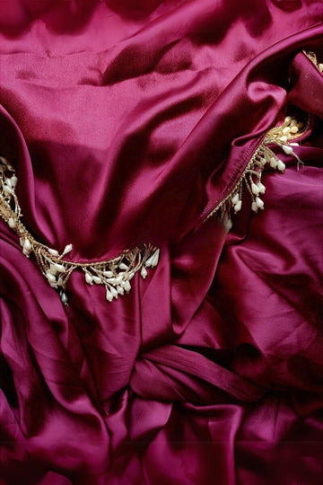 Wine Satin Silk Saree With Handmade Tassels On Pallu