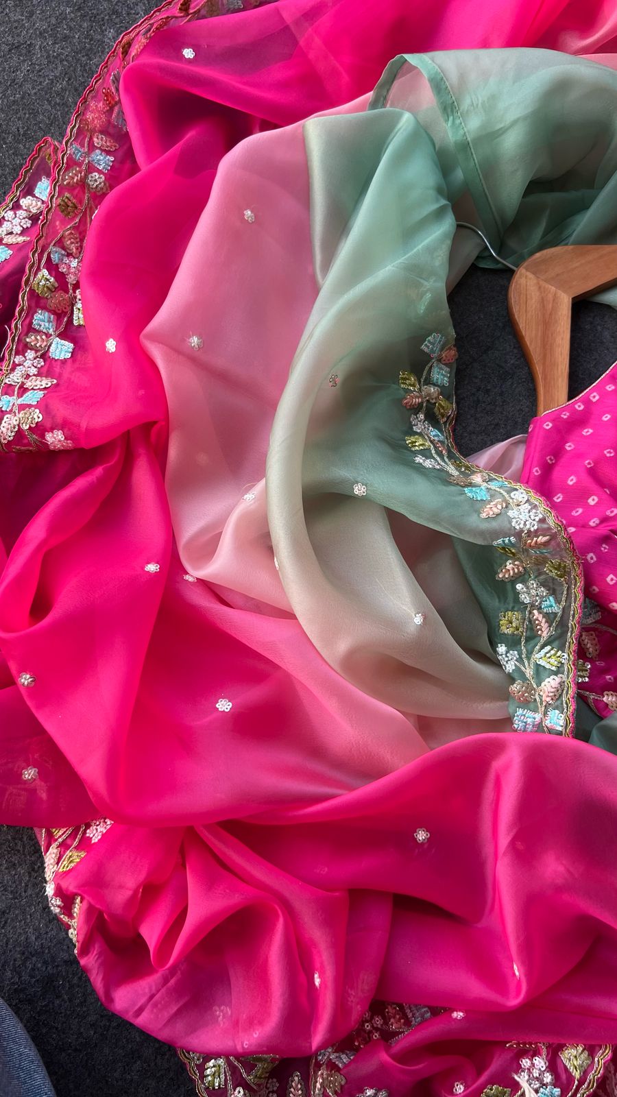 Pink & pista soft organza saree with pink hand work blouse