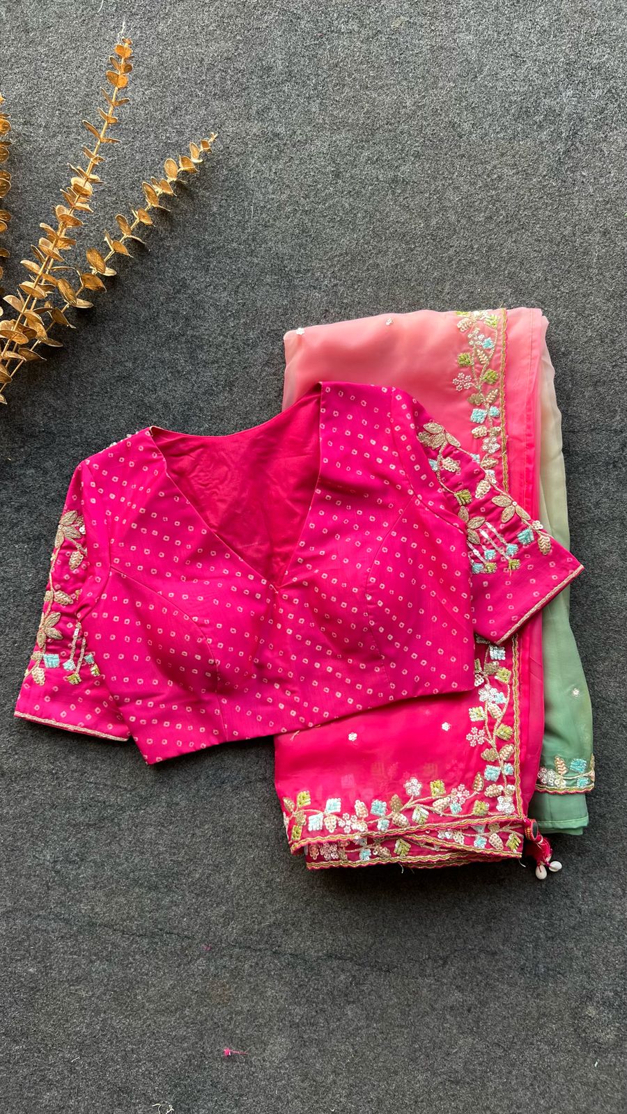 Pink & pista soft organza saree with pink hand work blouse