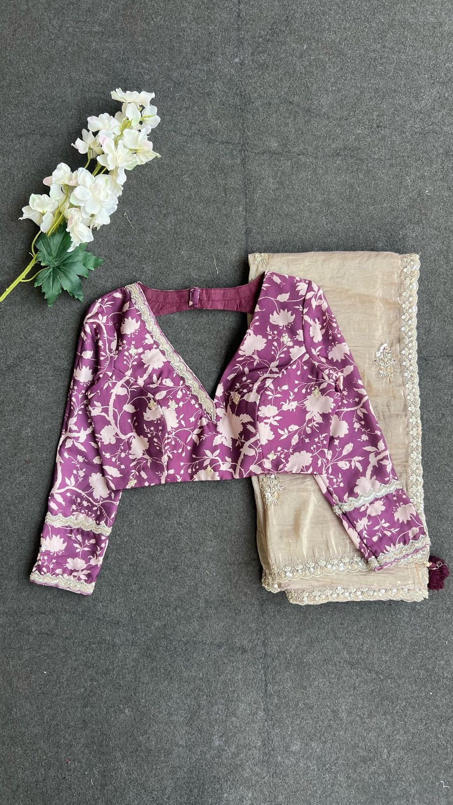 Cream soft tissue saree with wine floral embroidery blouse