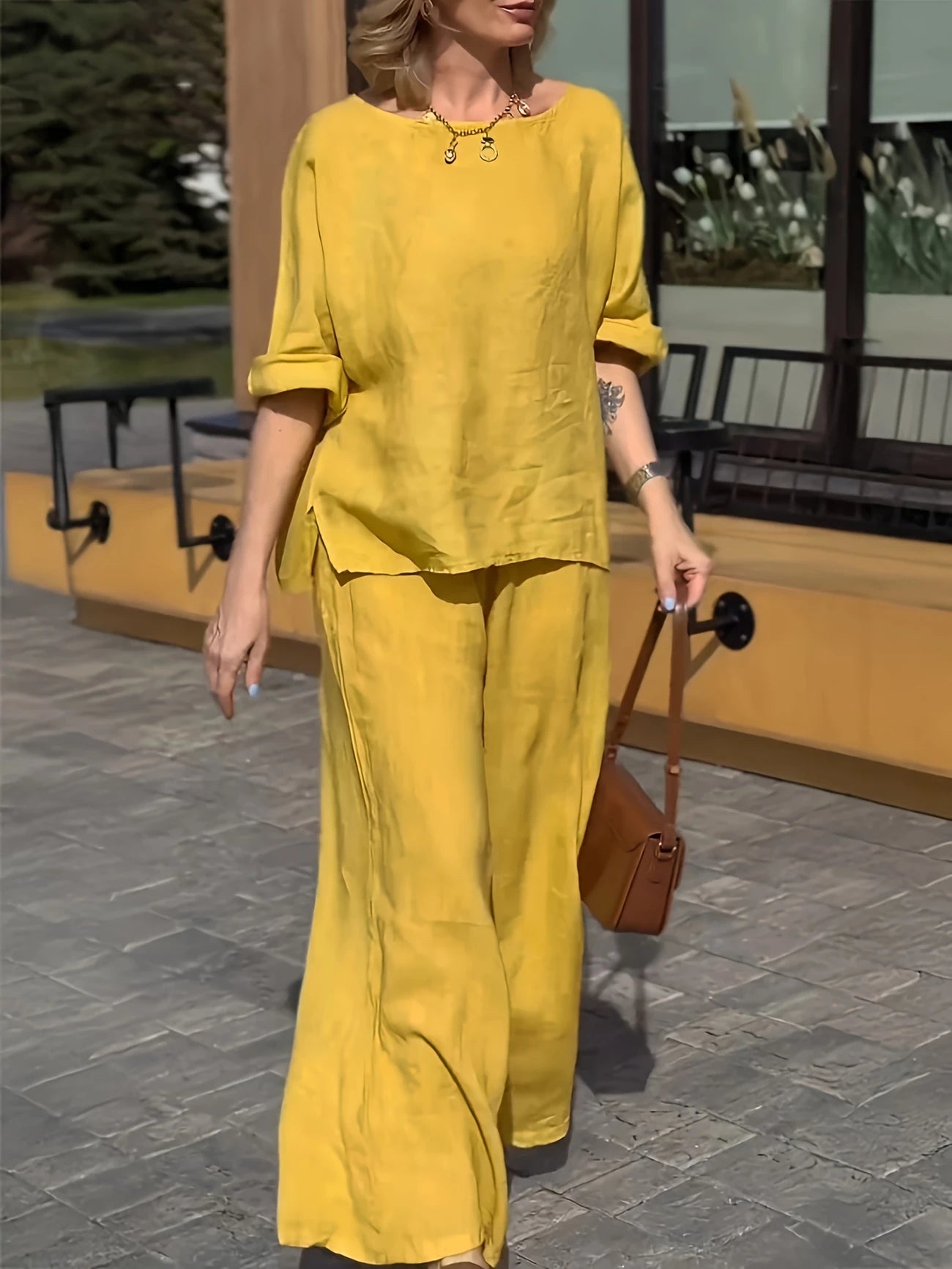 WOMEN PLAIN CROP TOP & TROUSERS CO-ORDER SET