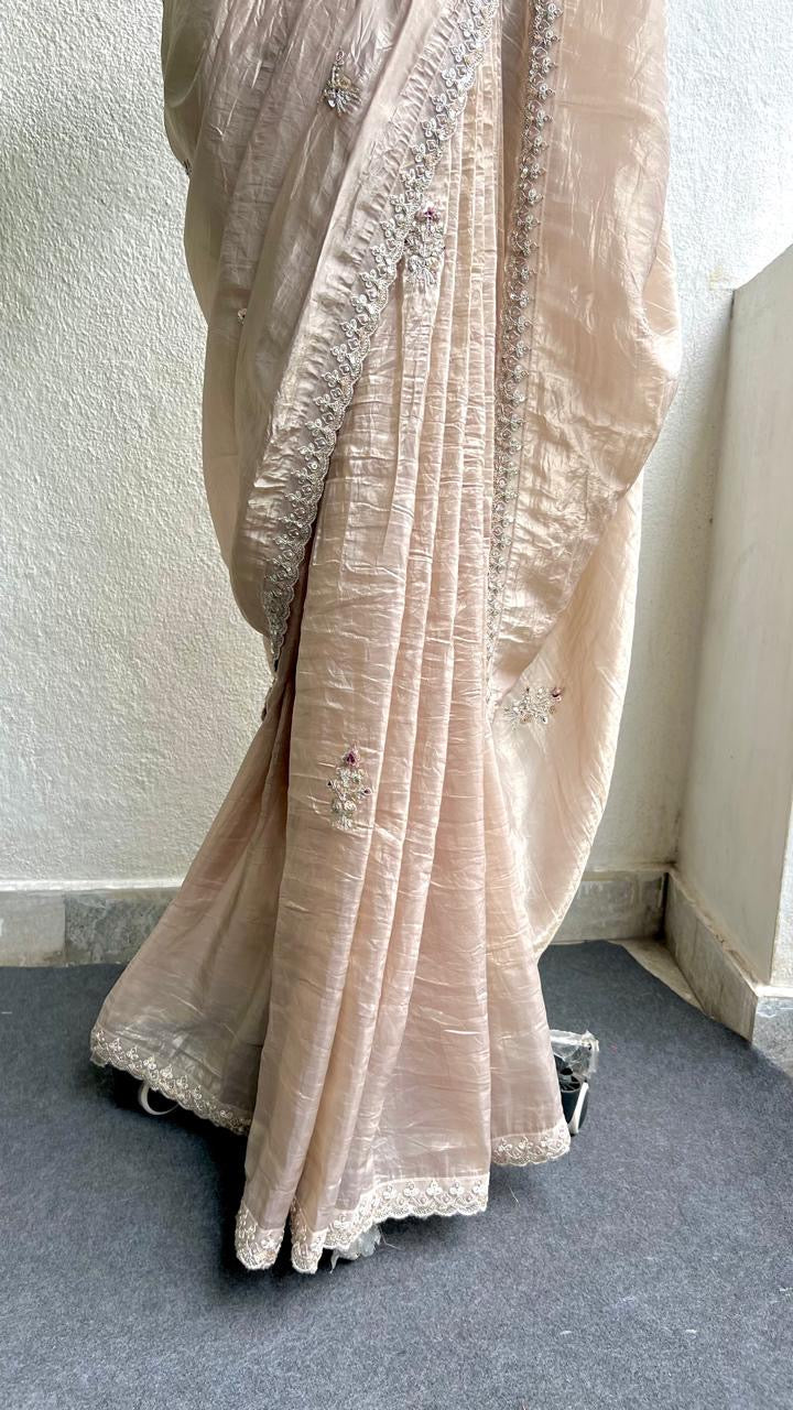 Cream soft tissue saree with wine floral embroidery blouse