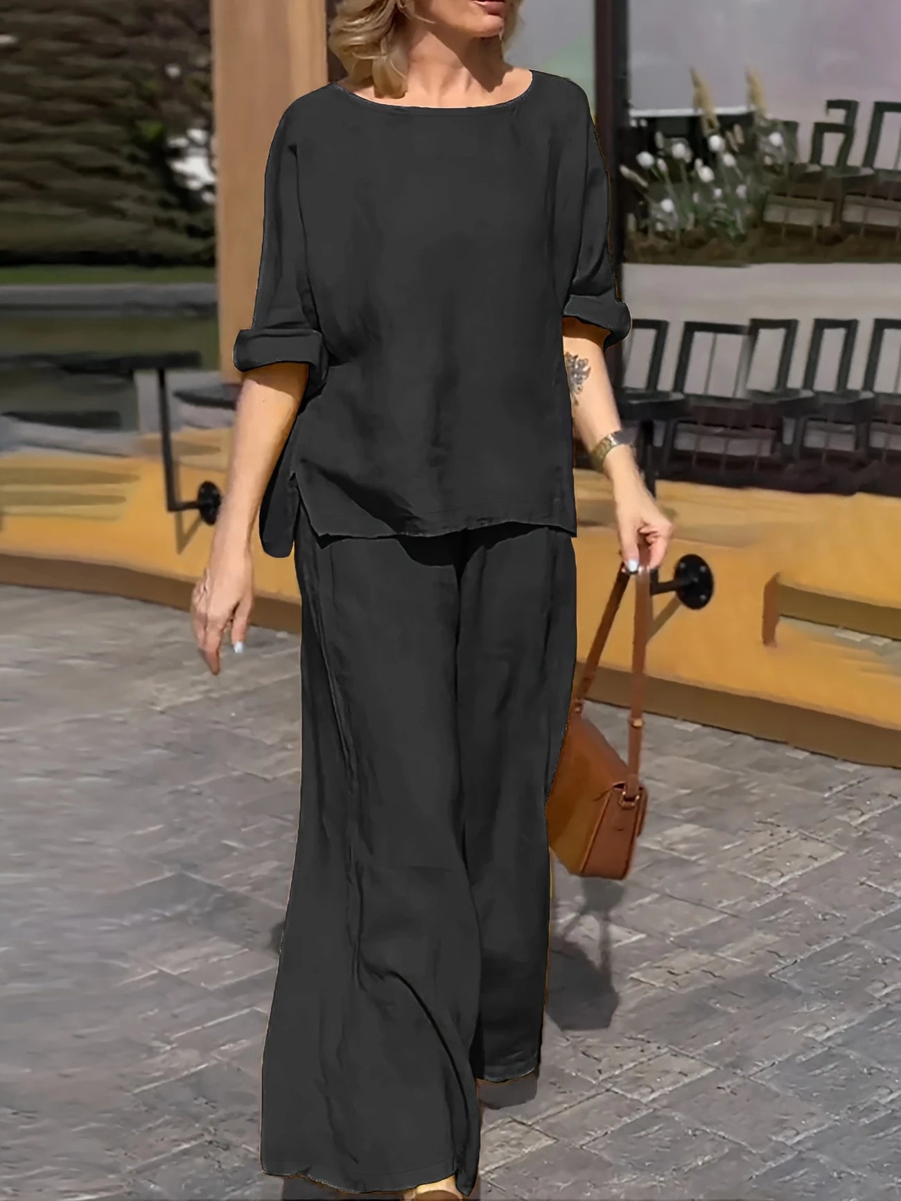 WOMEN PLAIN CROP TOP & TROUSERS CO-ORDER SET