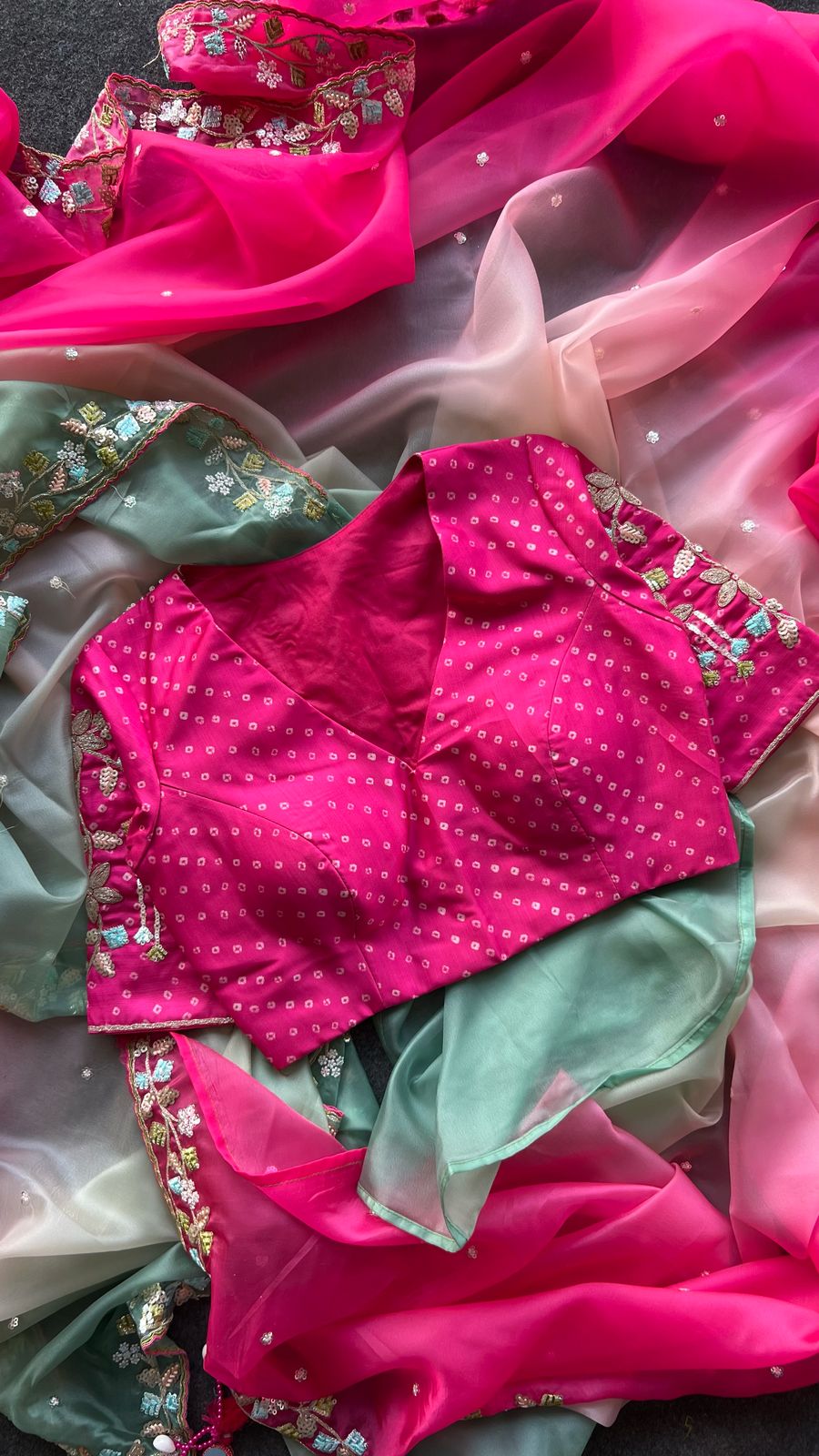 Pink & pista soft organza saree with pink hand work blouse