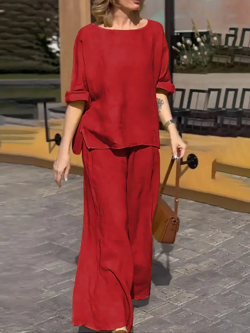 WOMEN PLAIN CROP TOP & TROUSERS CO-ORDER SET