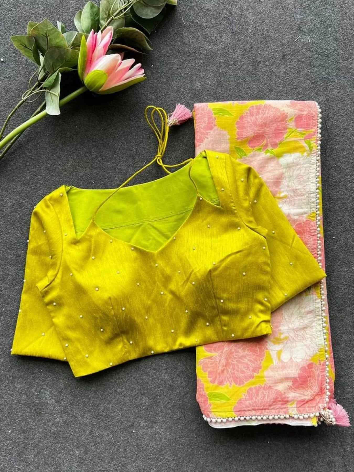 Midnight Pink Floral Lilan Ready To Wear Saree with Stripped Printed Blouse Summer Collection