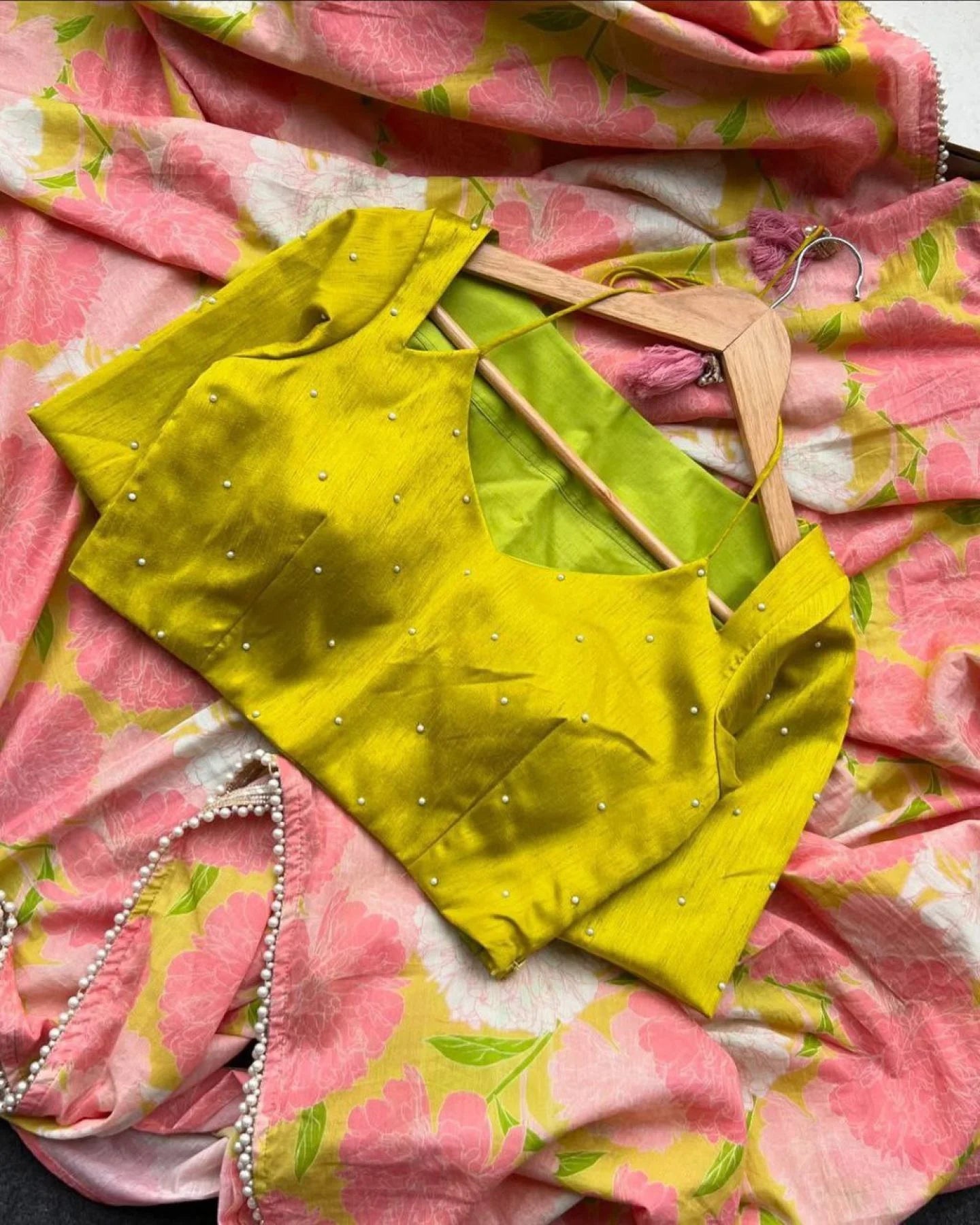 Midnight Pink Floral Lilan Ready To Wear Saree with Stripped Printed Blouse Summer Collection