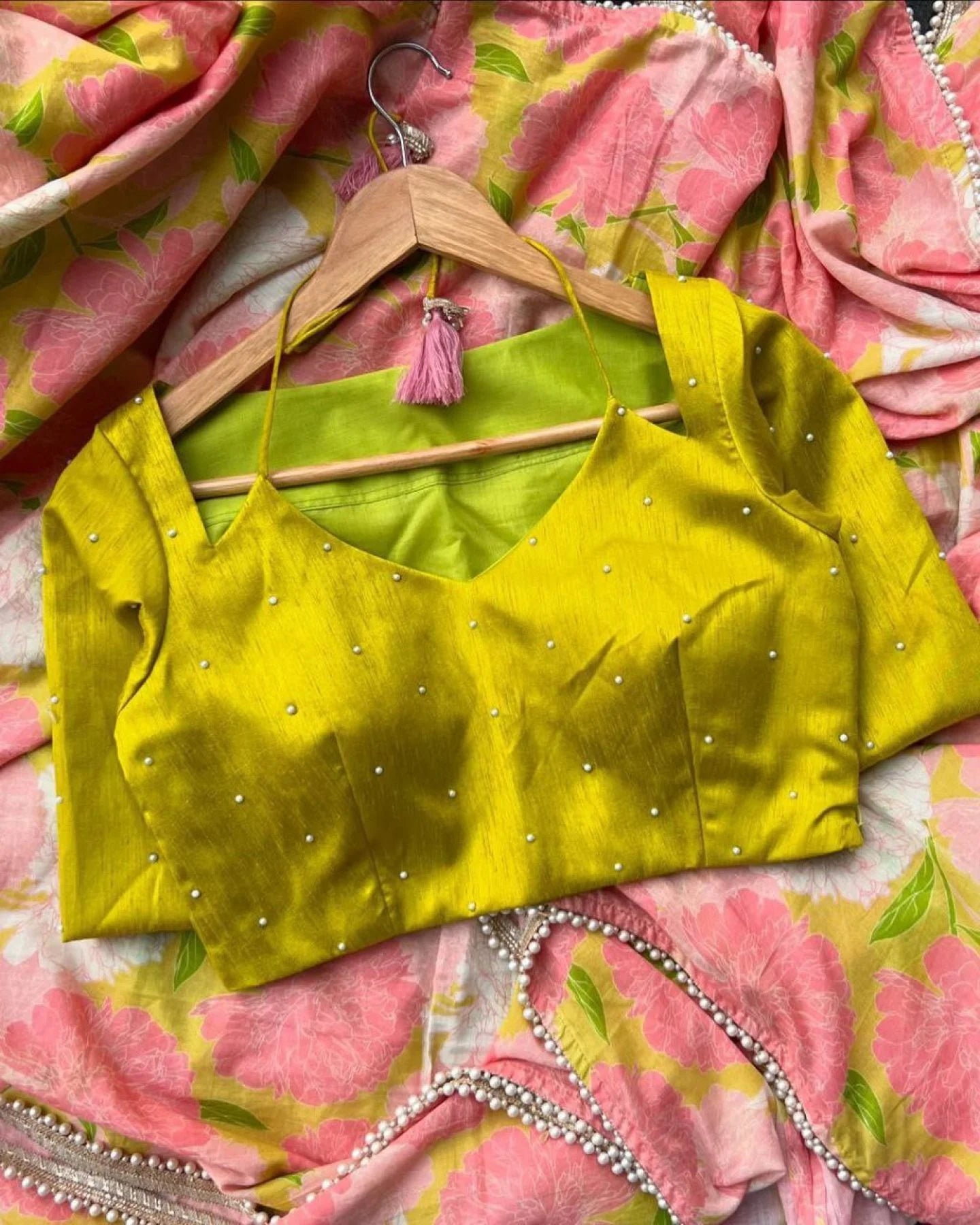 Midnight Pink Floral Lilan Ready To Wear Saree with Stripped Printed Blouse Summer Collection