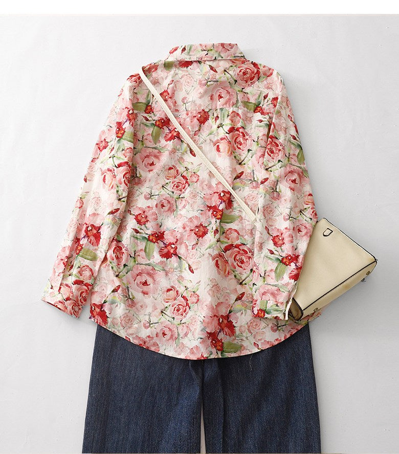 Rose Bloom Cotton Shirt – Elegant Floral Print, Full Sleeve Casual Wear