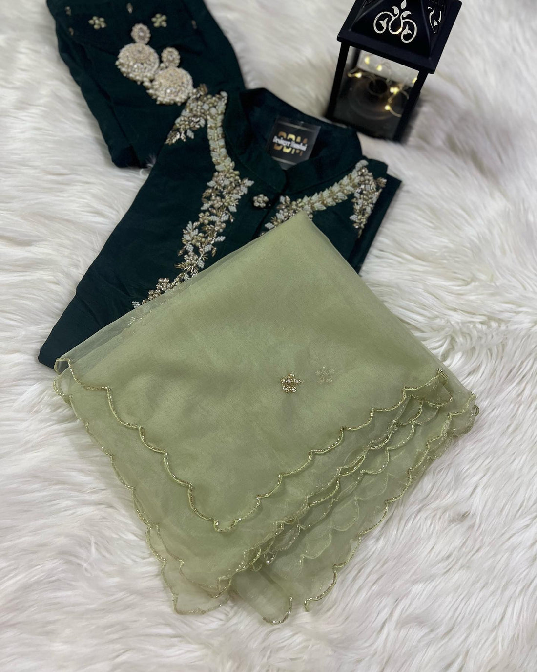 Green Musline Kurti Pant with Organza Dupttaa set