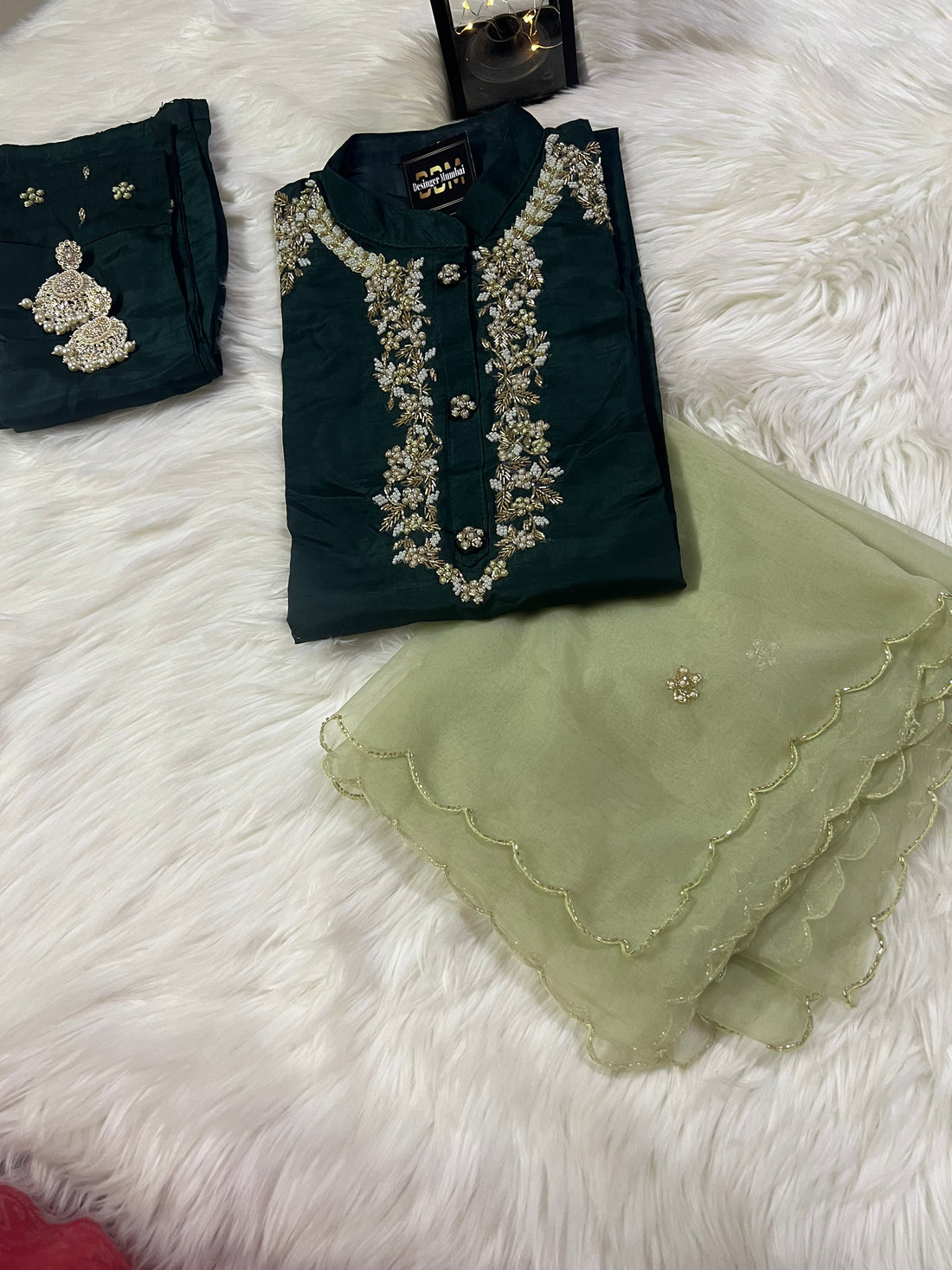 Green Musline Kurti Pant with Organza Dupttaa set