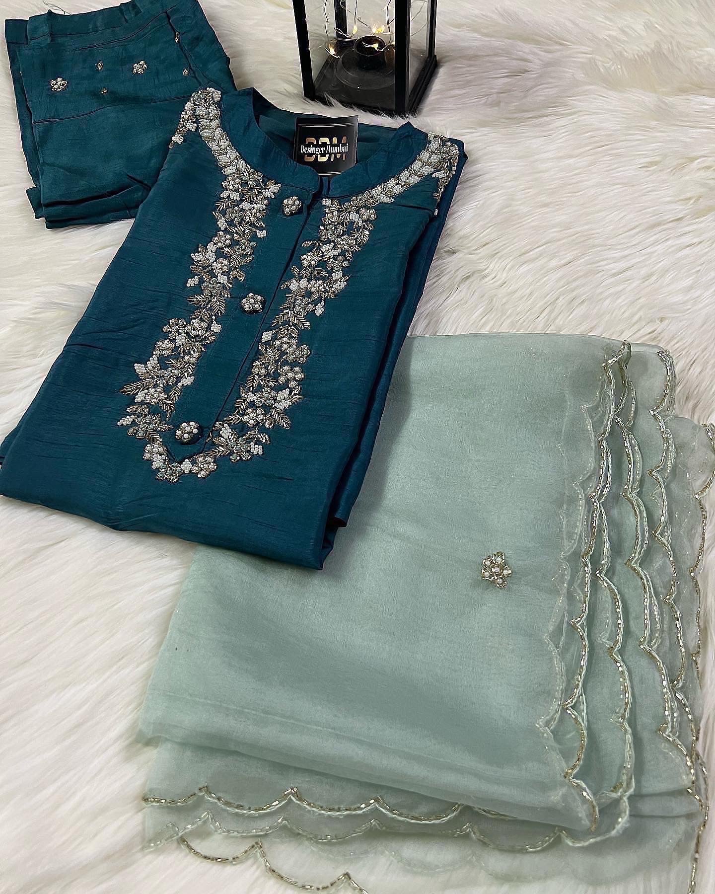Green Musline Kurti Pant with Organza Dupttaa set