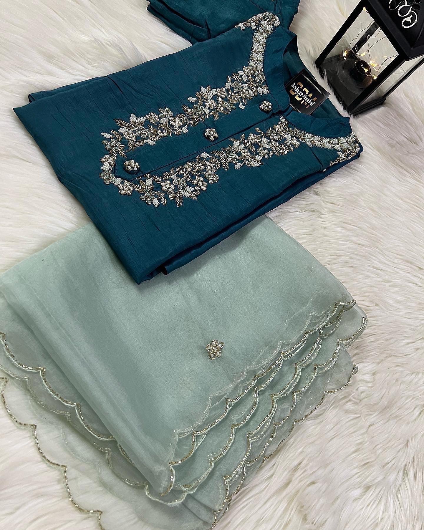 Green Musline Kurti Pant with Organza Dupttaa set