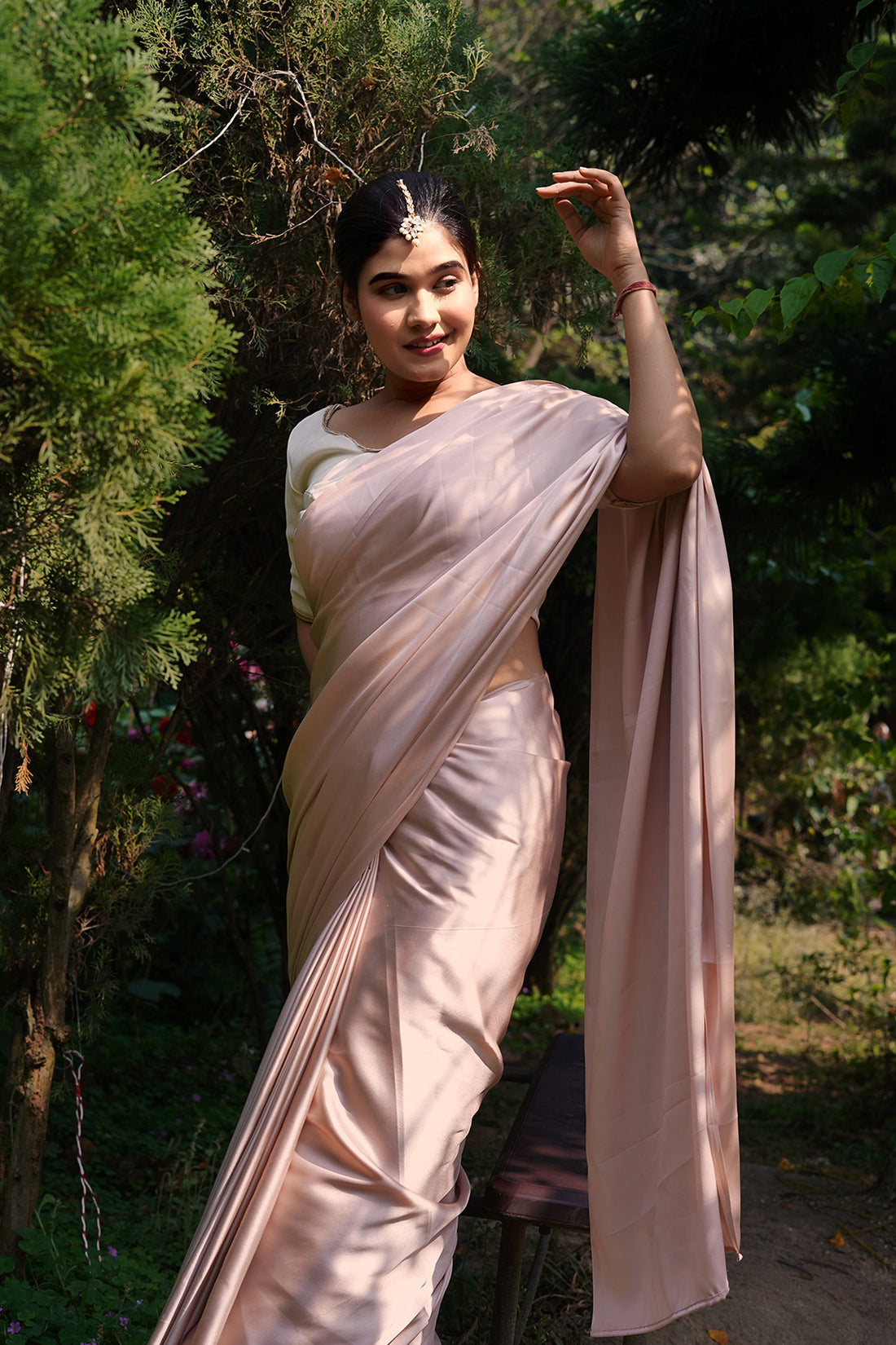 Peach Satin Silk Handmade Tassels On Pallu