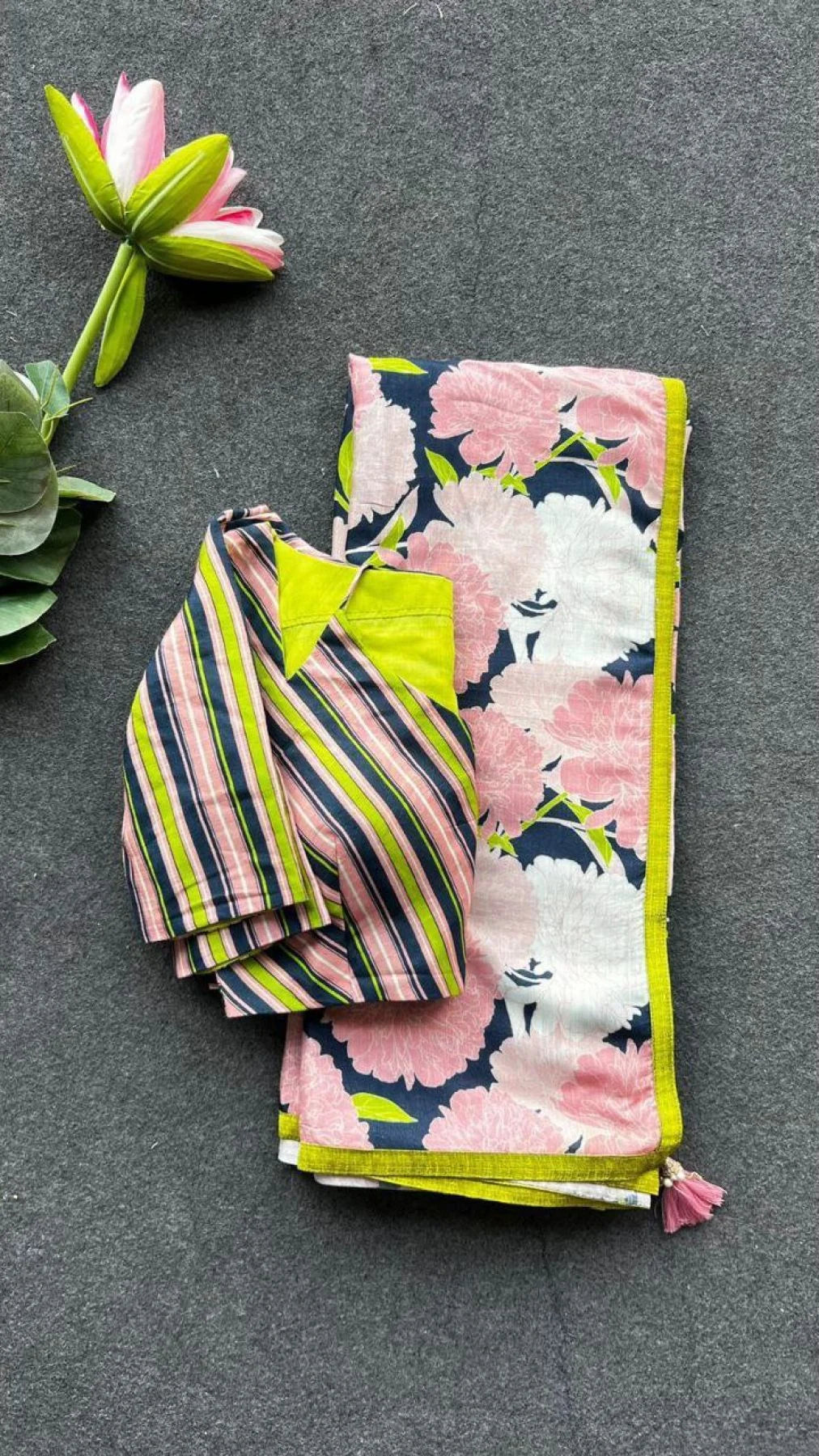 Midnight Pink Floral Lilan Ready To Wear Saree with Stripped Printed Blouse Summer Collection