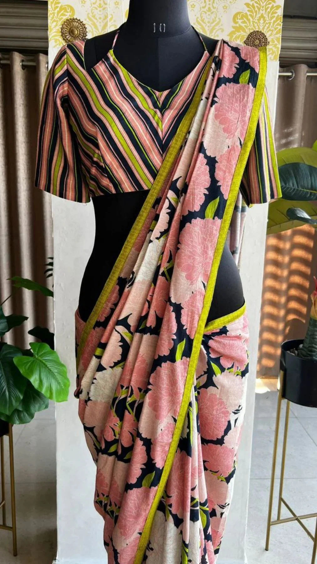 Midnight Pink Floral Lilan Ready To Wear Saree with Stripped Printed Blouse Summer Collection
