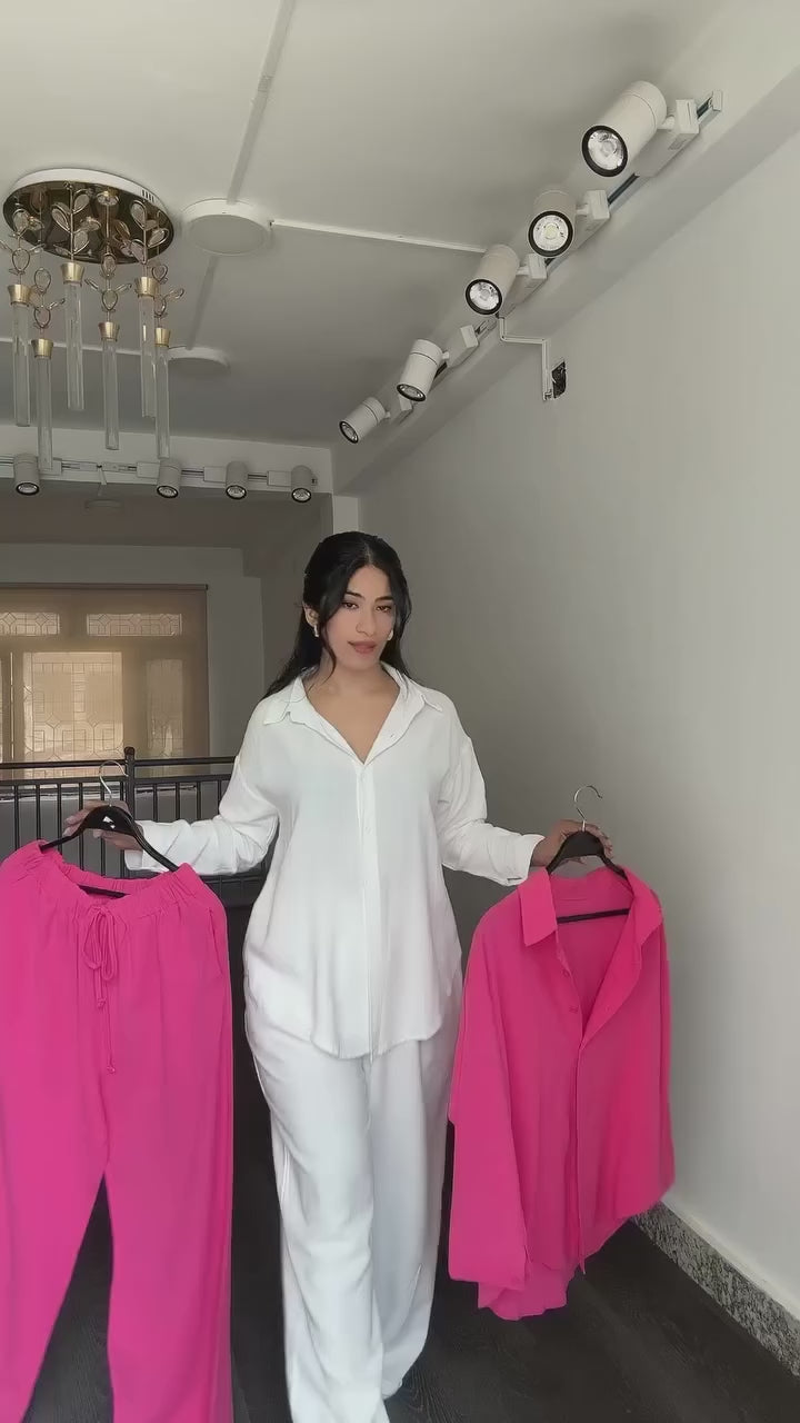 Solid Button-Down Shirt & Relaxed Pants Co-ord Set for Women