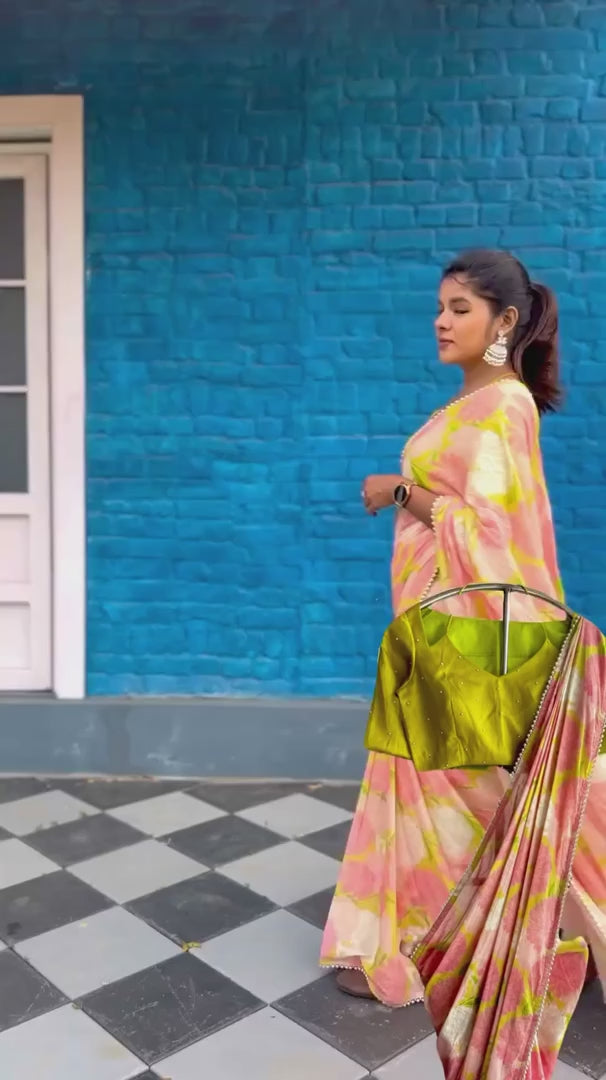 Blue & pink floral cotton saree with lime yellow silk hand work blouse