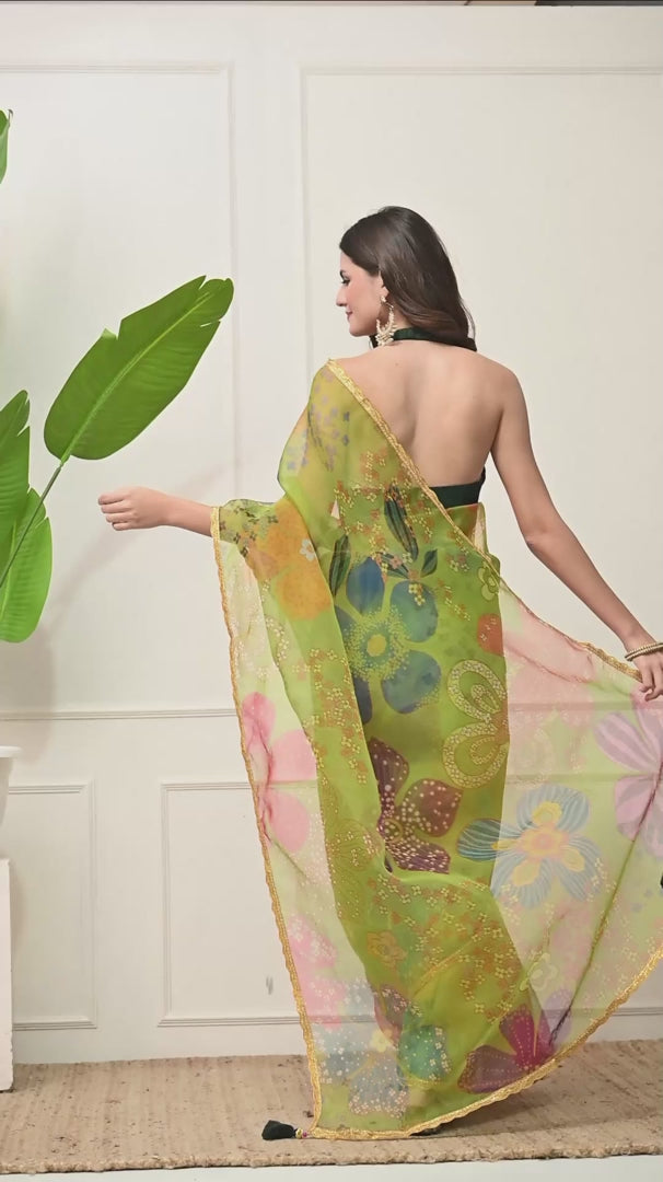 Parrot Green Floral Organza Saree