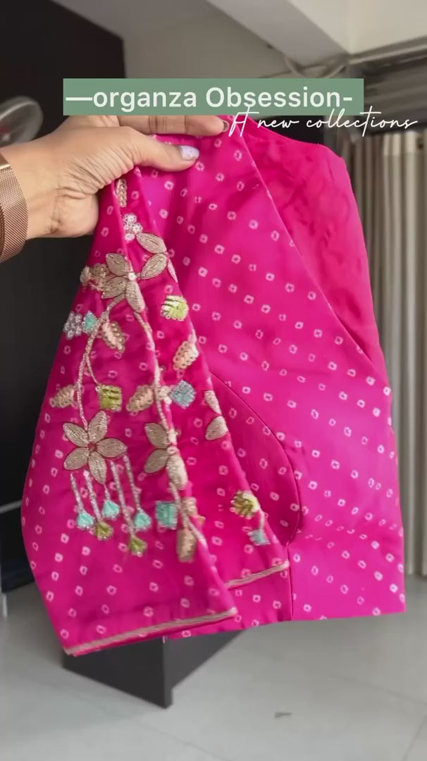 Pink & pista soft organza saree with pink hand work blouse