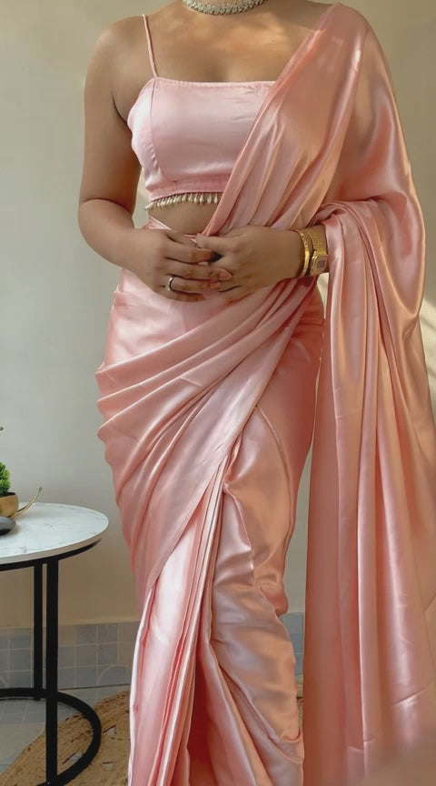 Baby Pink Satin Silk Handmade Tassels On Pallu