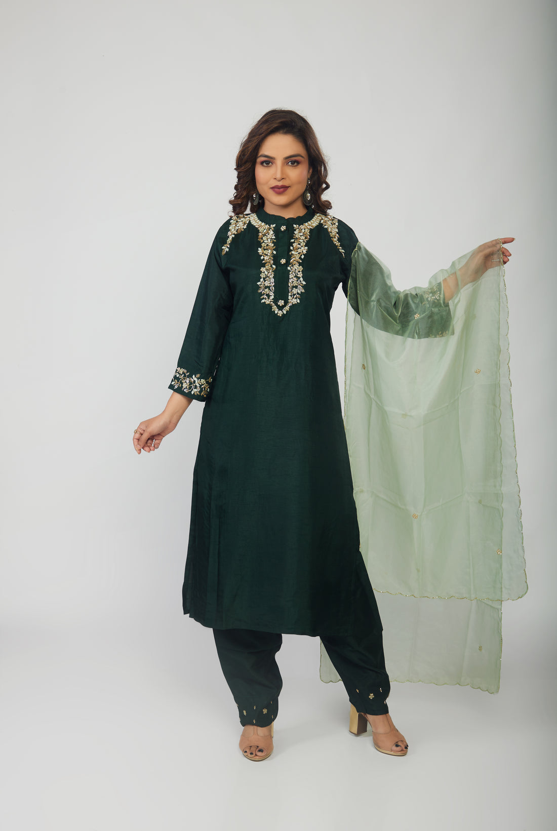 Green Musline Kurti Pant with Organza Dupttaa set