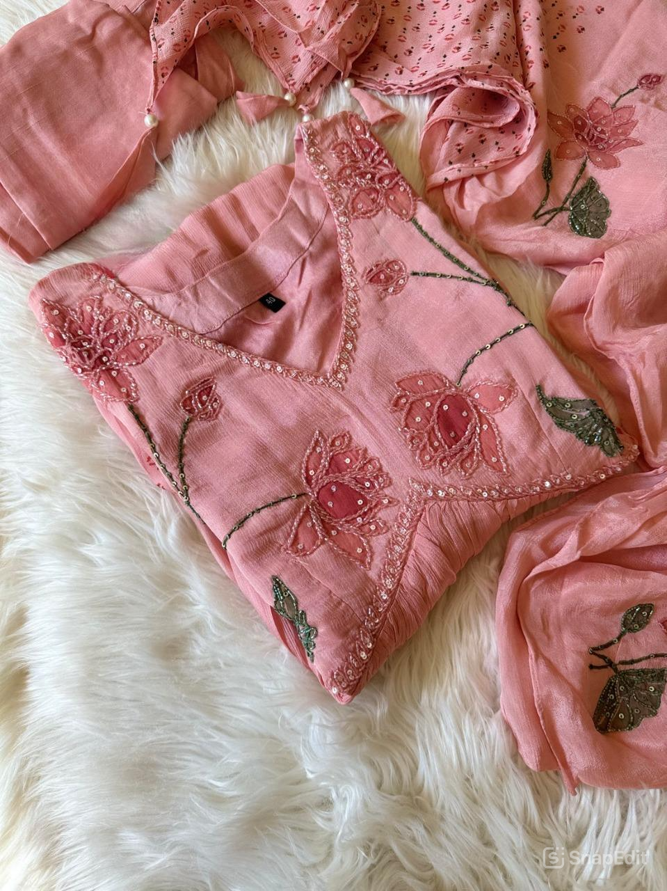 Baby Pink floral hand work Alia cut Anarkali dress