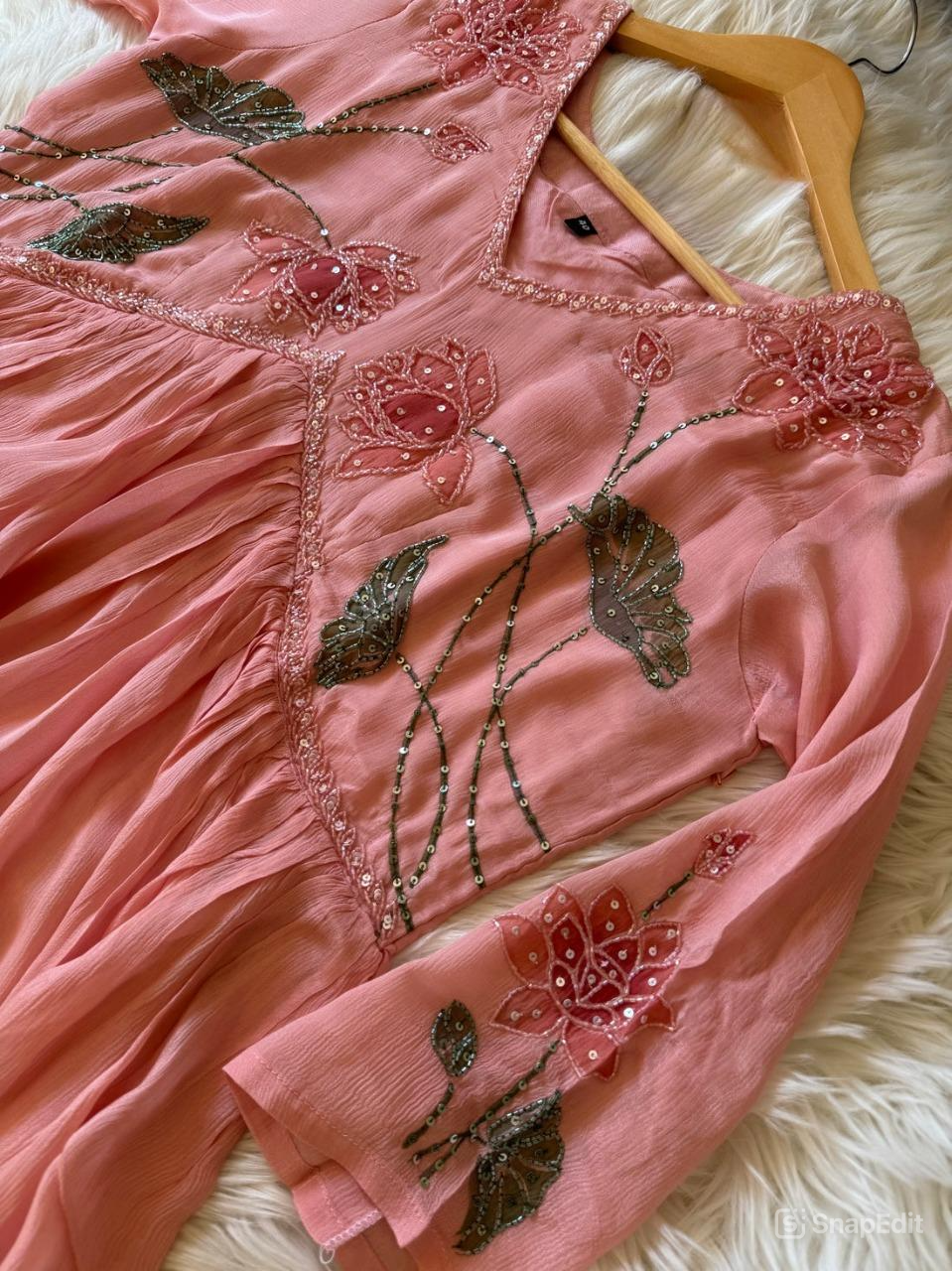Baby Pink floral hand work Alia cut Anarkali dress