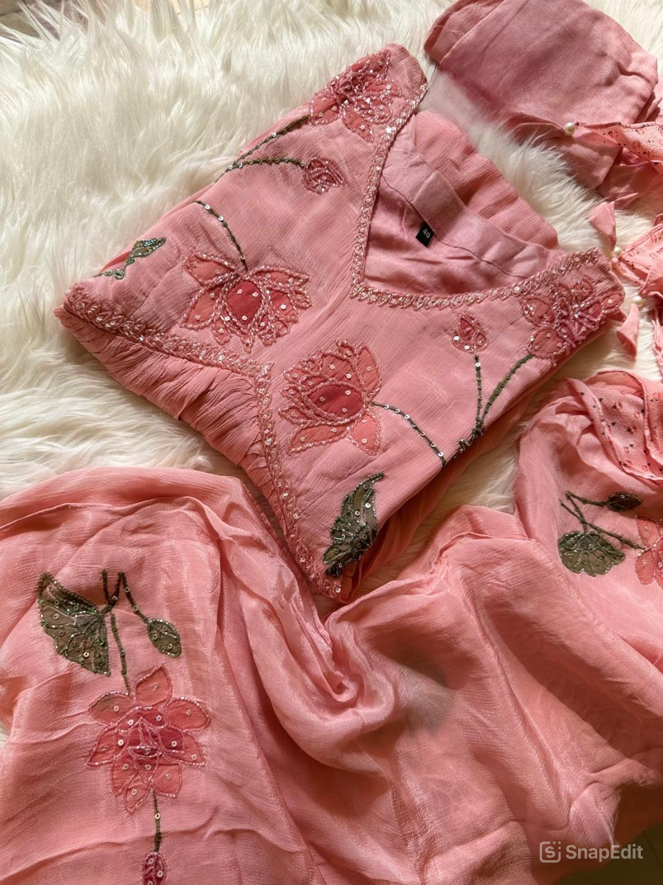 Baby Pink floral hand work Alia cut Anarkali dress
