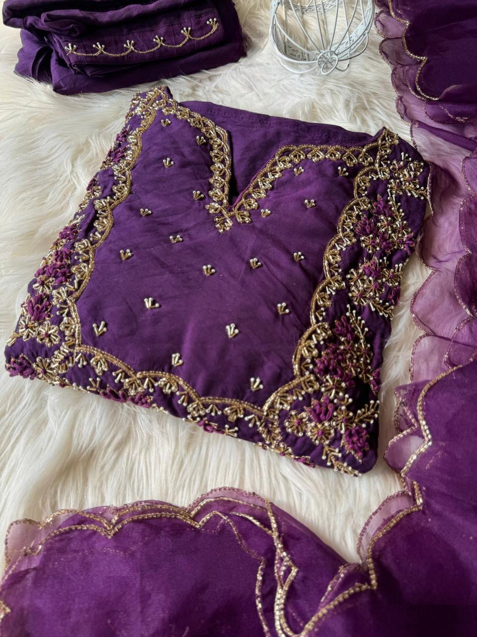 Hand work kurta Pant with dupatta with Zardosi work