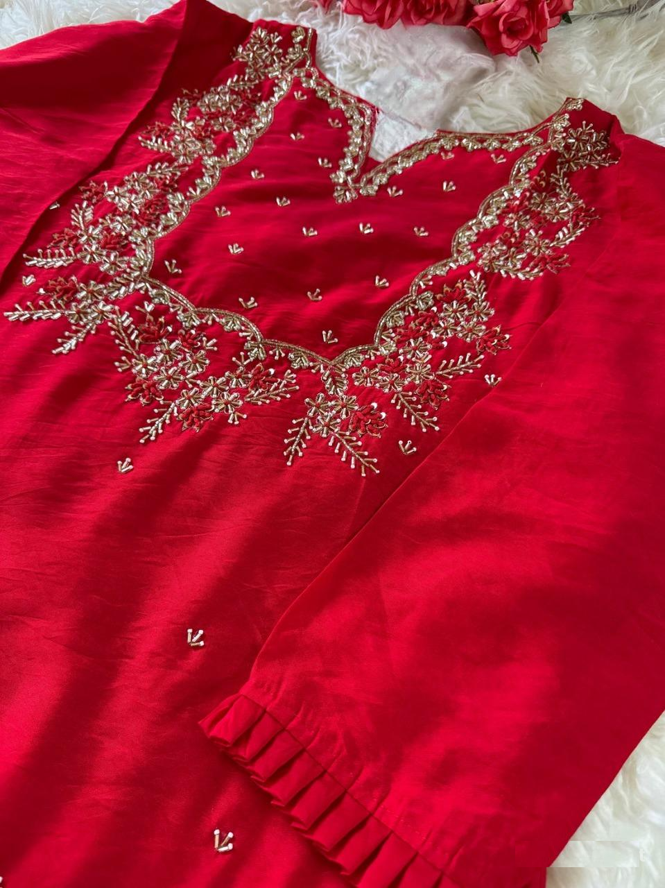 Hand work kurta Pant with dupatta with Zardosi work