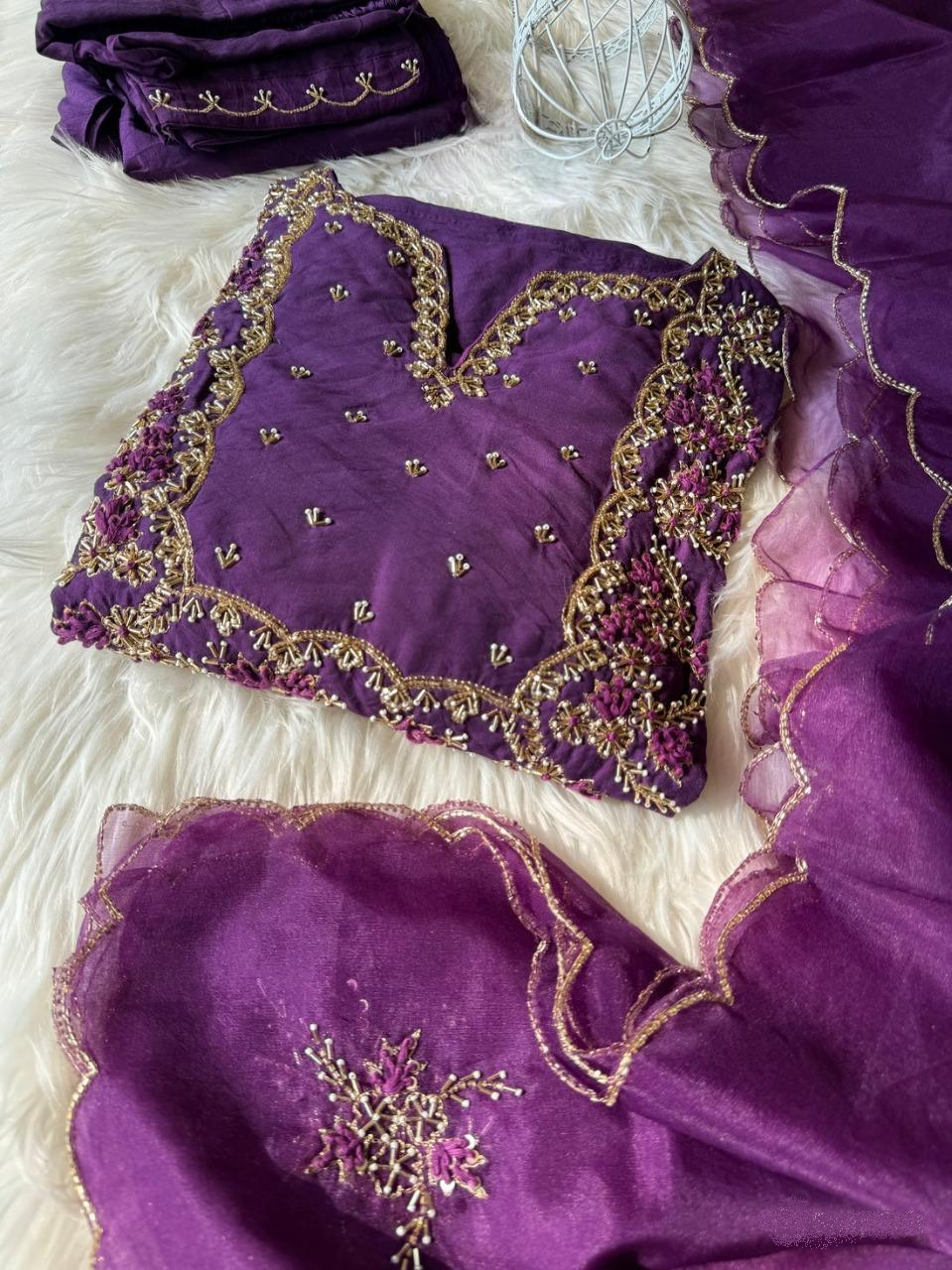 Hand work kurta Pant with dupatta with Zardosi work