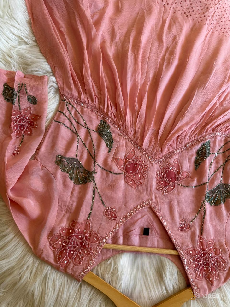 Baby Pink floral hand work Alia cut Anarkali dress