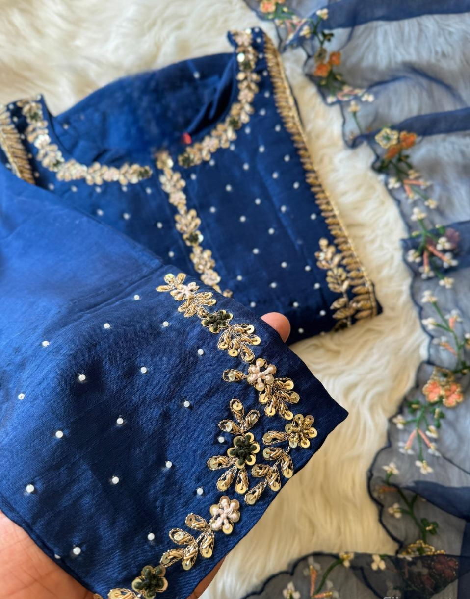 Blue hand work + embroidered kurta set with dupatta