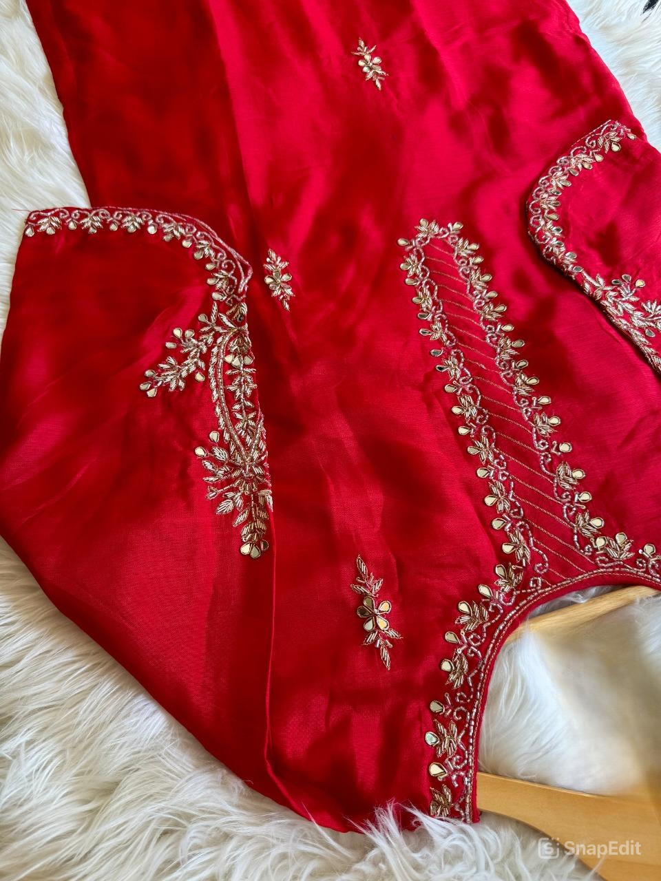 Red hand work kurta set with dupatta