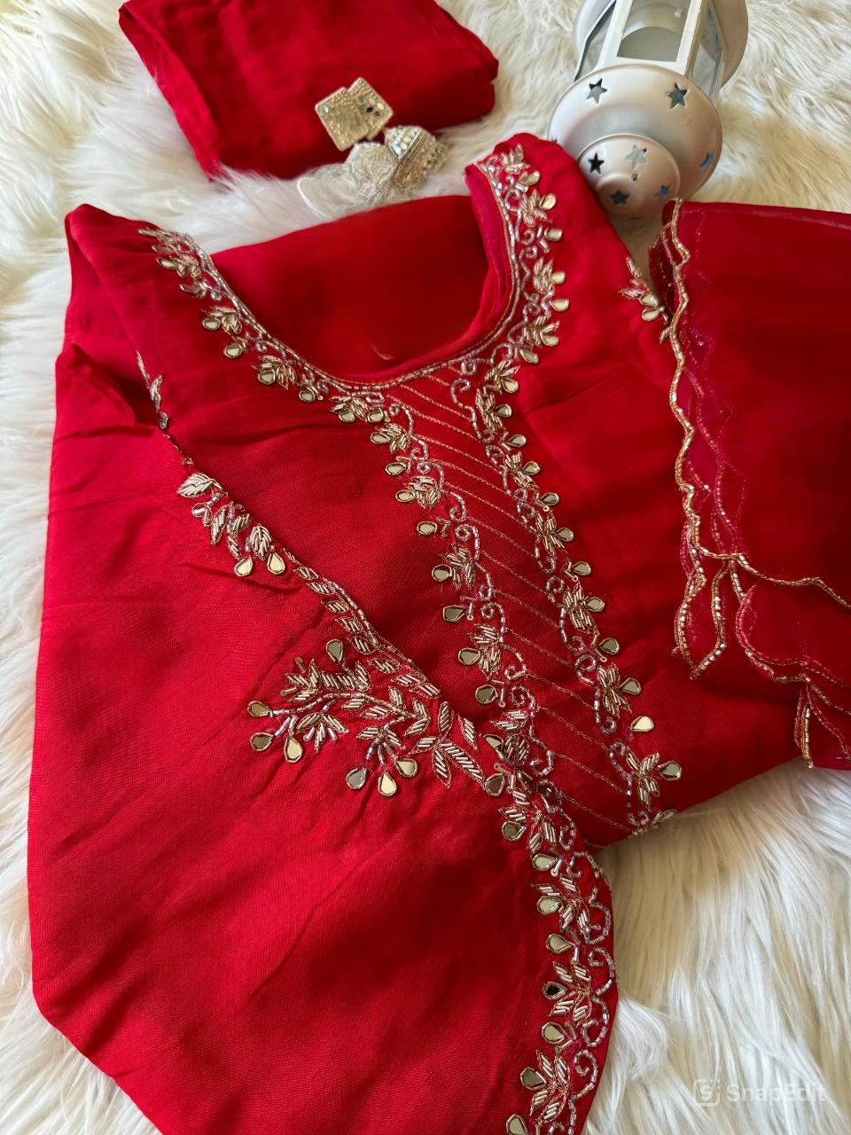 Red hand work kurta set with dupatta