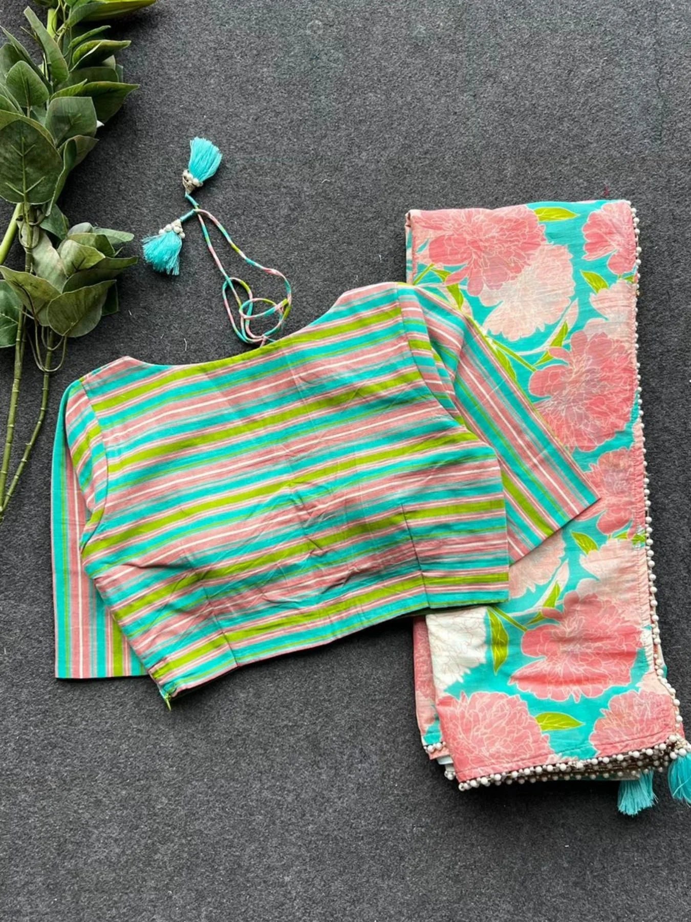 Midnight Pink Floral Lilan Ready To Wear Saree with Stripped Printed Blouse Summer Collection