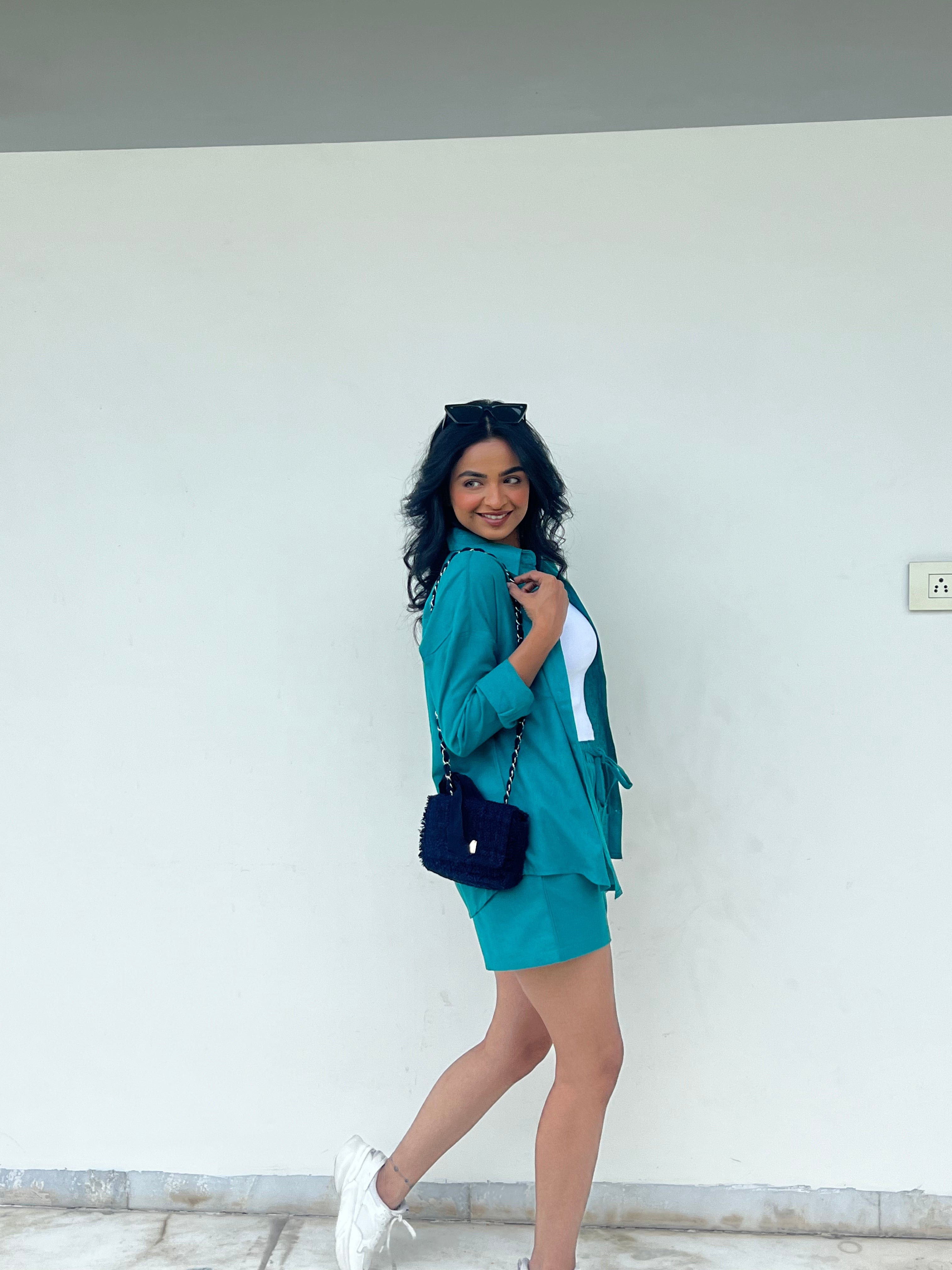 Teal - Oversized Linen-Cotton Shirt & Shorts Set