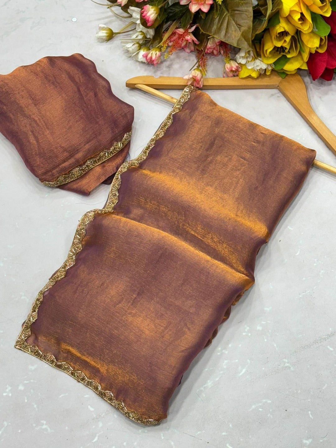Tissue Embroidered Border Saree With Unstitched Blouse Piece